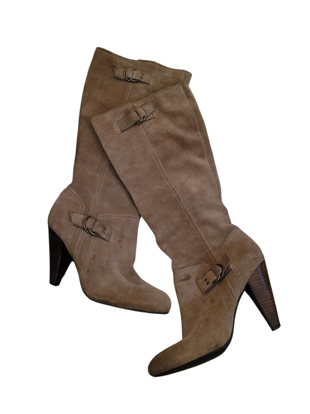 BCBG Taupe Suede Over-the-Knee Buckle Boots